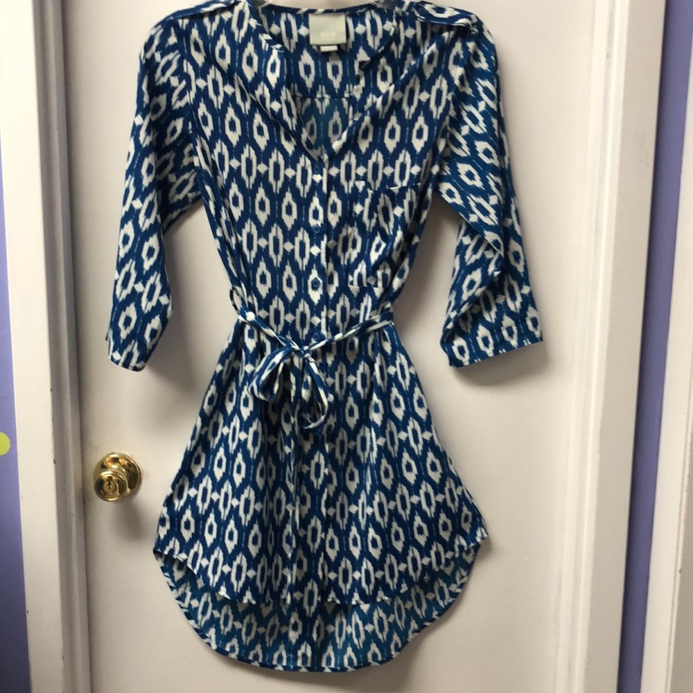 Maeve Blue and White Patterned Long Sleeved Dress
